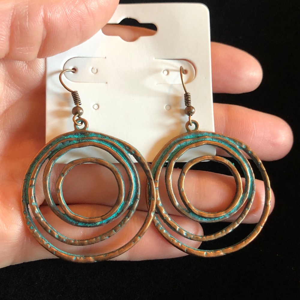Rustic Copper Tone and Painted Turquoise Green Color Hoop Earrings